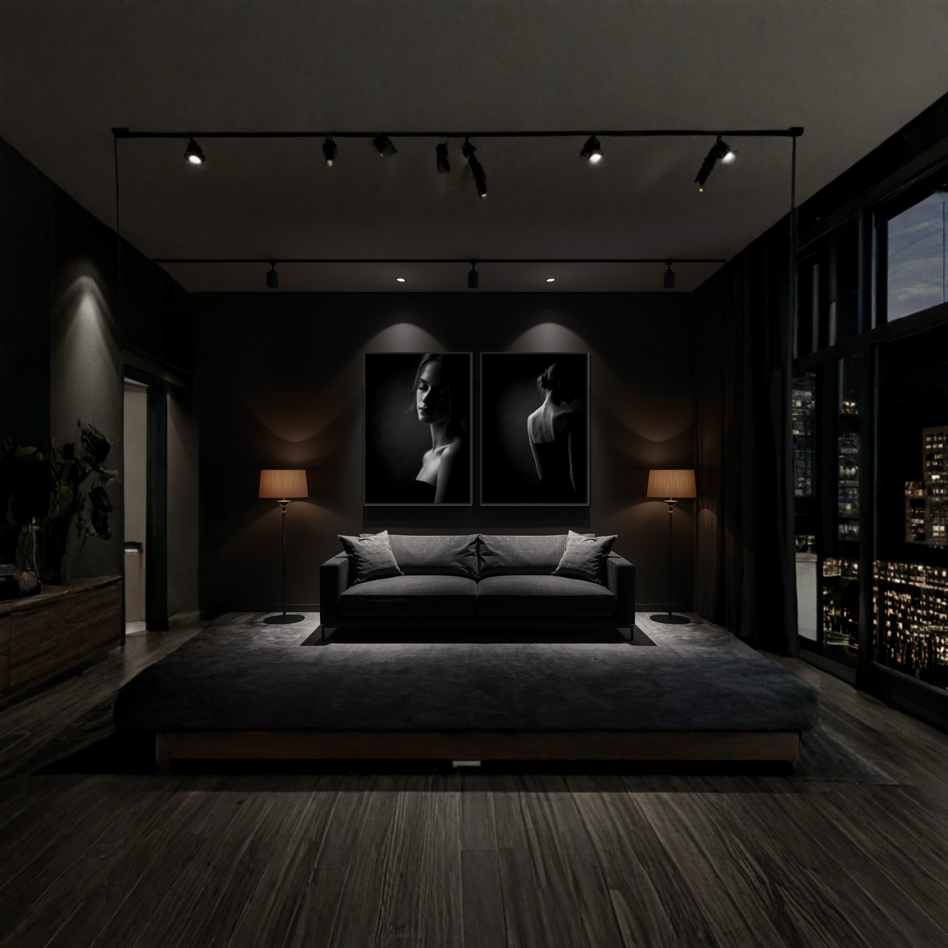 Framed fine art prints of Noir Studies by LunarHeartCo, featuring Muse IV and V in elegant black frames.