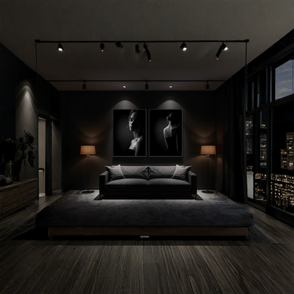 Framed fine art prints of Noir Studies by LunarHeartCo, featuring Muse IV and V in elegant black frames.