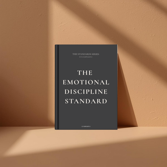 Structured workbook titled "The Emotional Discipline Standard" by LunarHeartCo, focusing on composure and behavioral control.