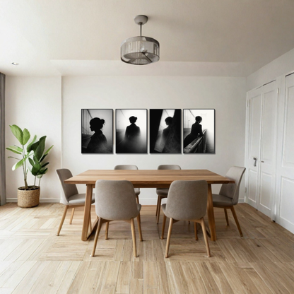 Four framed noir-themed editorial fine art prints from LunarHeartCo's Threshold series, each measuring 50x70 cm.