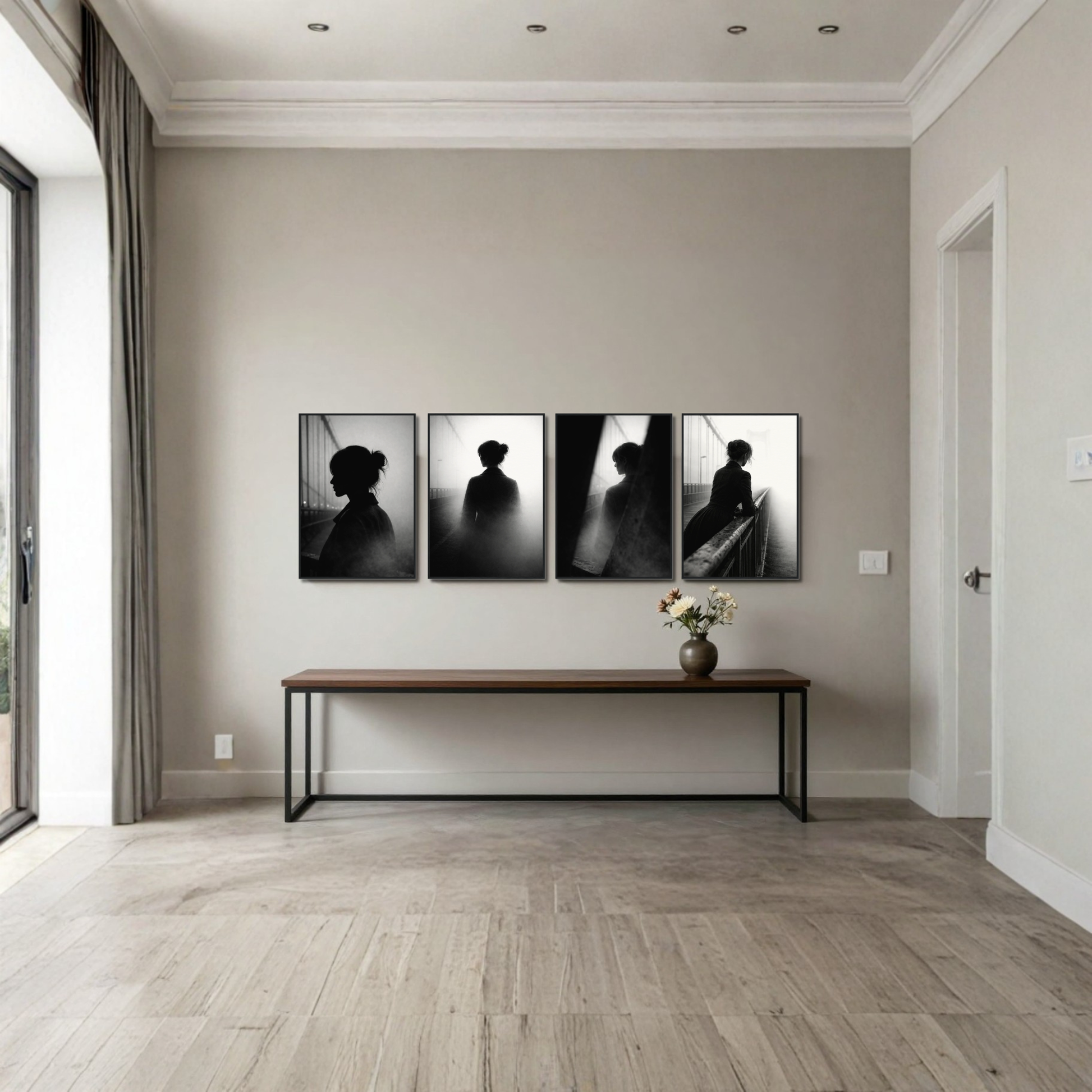 Four framed Noir Studies Threshold editorial fine art prints by LunarHeartCo, 50×70 cm, featuring moody black-and-white photography.