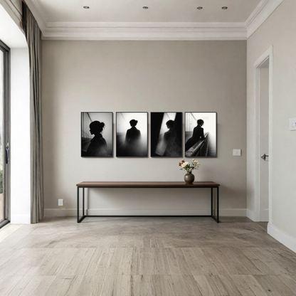 Four framed Noir Studies Threshold editorial fine art prints by LunarHeartCo, 50×70 cm, featuring moody black-and-white photography.