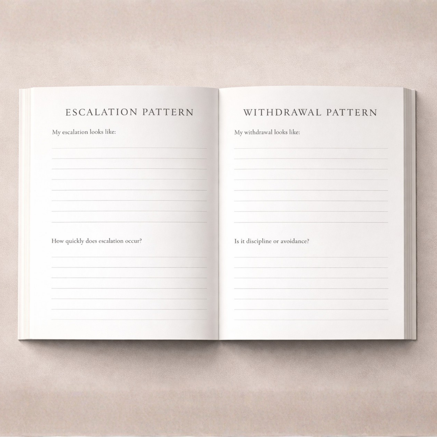 Structured workbook titled "The Emotional Discipline Standard" by LunarHeartCo, focusing on composure and behavioral control.