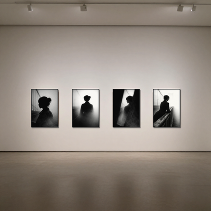 Set of four framed editorial fine art prints from LunarHeartCo's Noir Studies — Threshold series, 50×70 cm each, displayed on a wall.