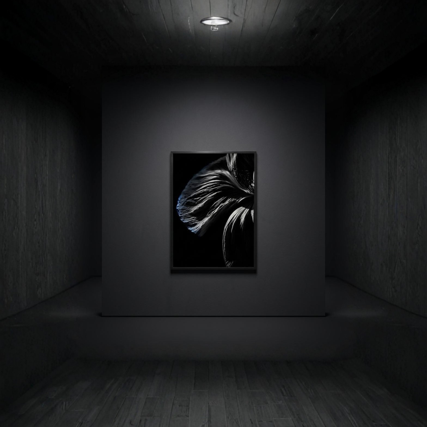 Framed lunar-themed fine art print titled DESCENT III — FRACTURE by LunarHeartCo, 50×70 cm wall art with abstract lunar imagery.