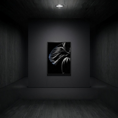 Framed lunar-themed fine art print titled DESCENT III — FRACTURE by LunarHeartCo, 50×70 cm wall art with abstract lunar imagery.