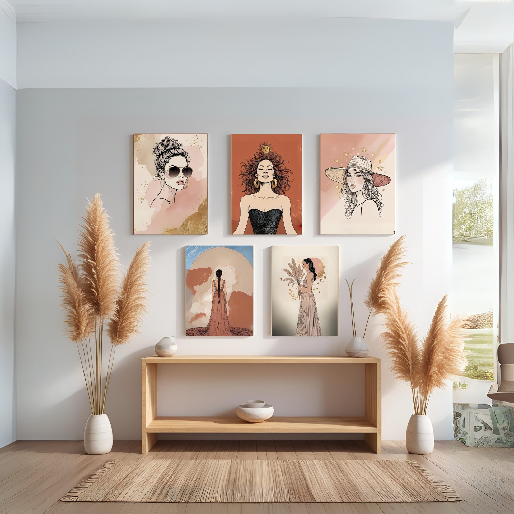 Minimalist Boho Woman Wall Art Set (5 Prints) | Feminine Line Art | Neutral Modern Digital Download 🌸✨ - LunarHeartCo