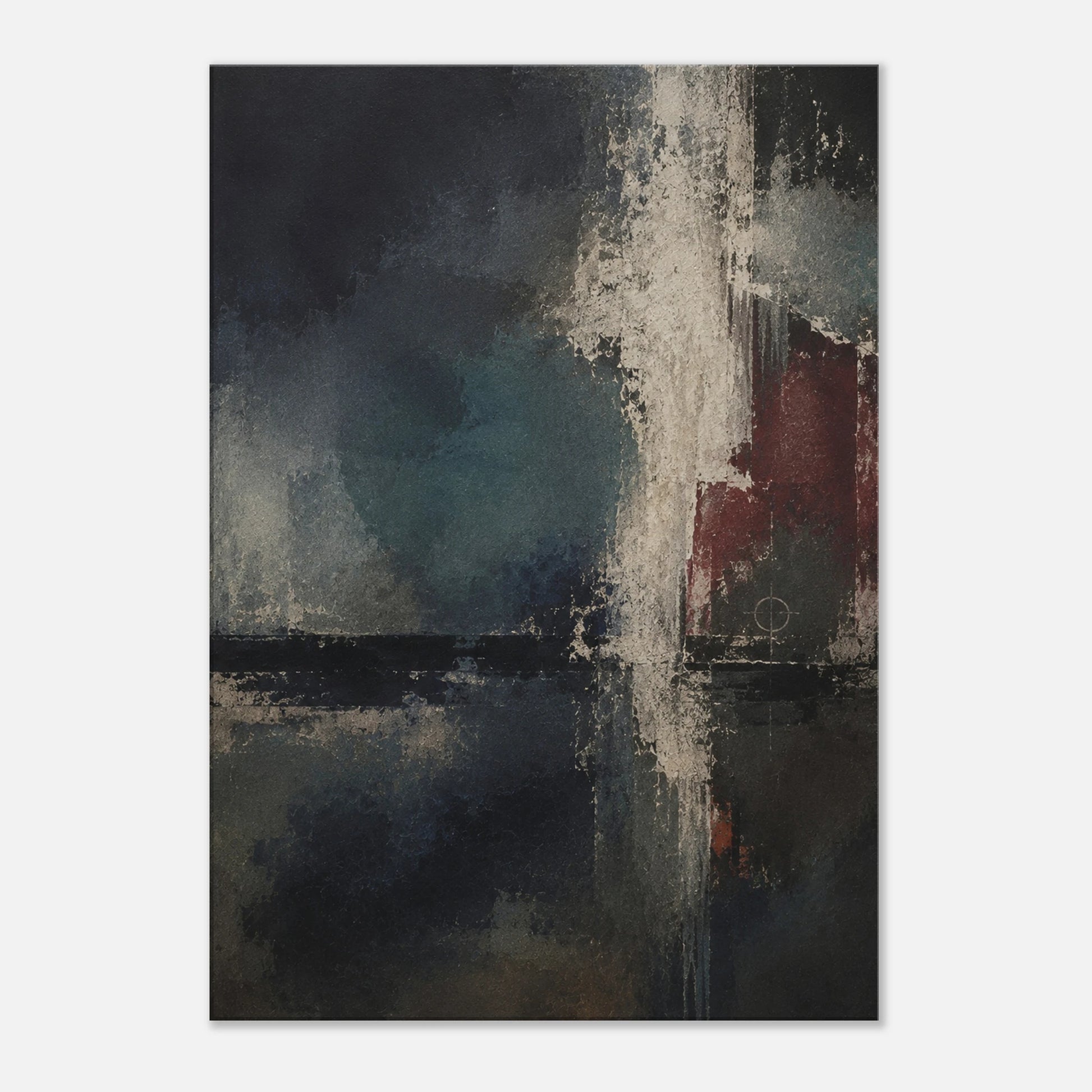 Night Signal dark abstract canvas art with charcoal, petrol blue, weathered ivory and burgundy layered marks.
