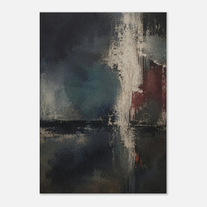 Night Signal dark abstract canvas art with charcoal, petrol blue, weathered ivory and burgundy layered marks.