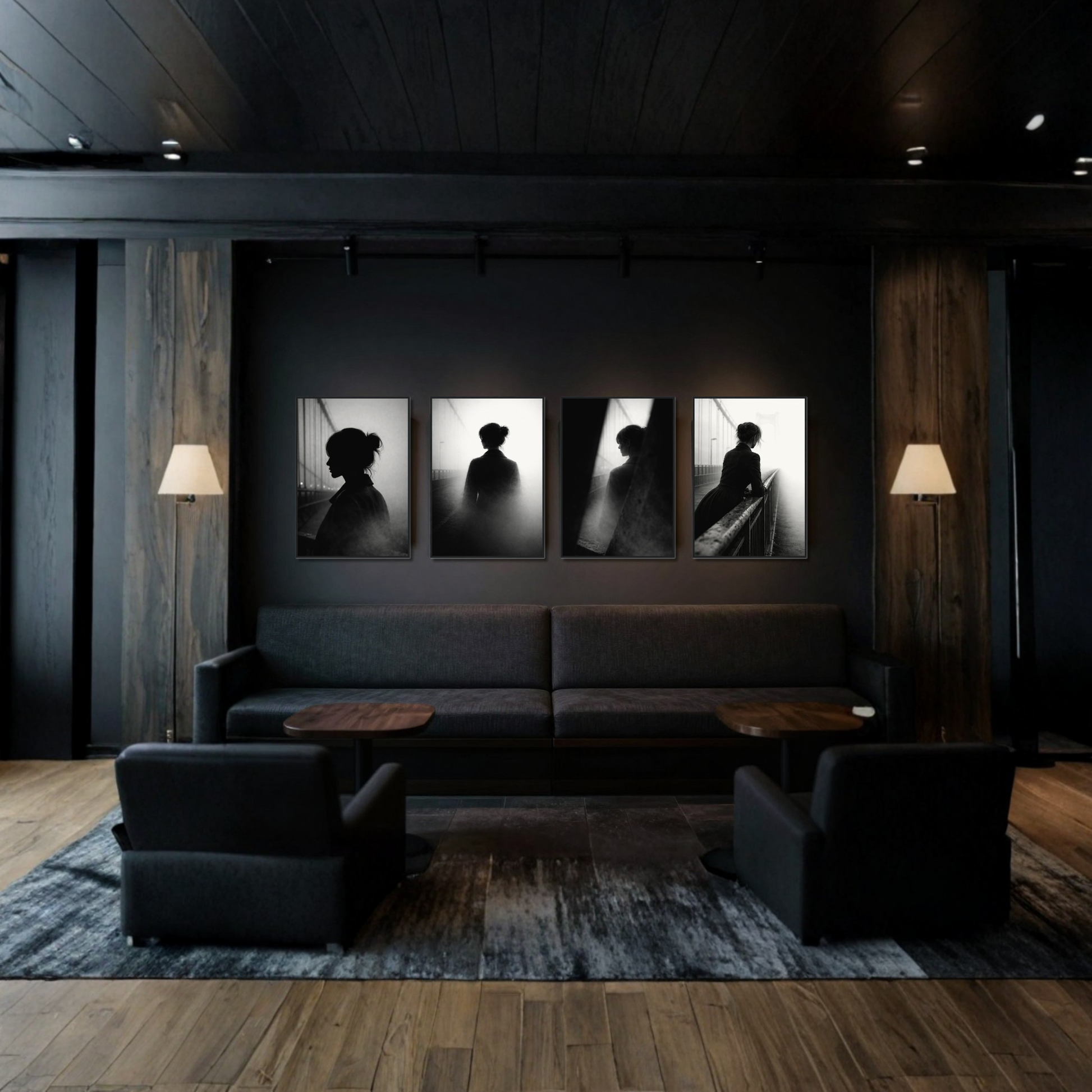 Four framed Noir Studies editorial art prints from LunarHeartCo's Threshold series, 50×70 cm, displayed on a wall.