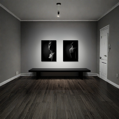 Framed fine art prints of Noir Studies by LunarHeartCo, featuring Muse IV and V with elegant black frames on a white background.