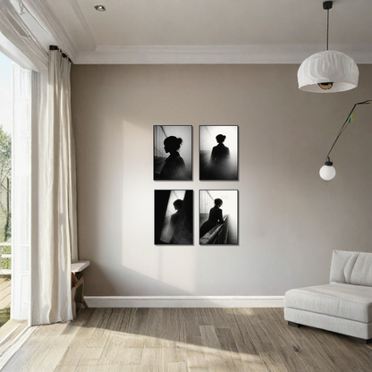 Set of four framed Noir Studies art prints by LunarHeartCo, featuring dark, cinematic editorial images on 50×70 cm frames.