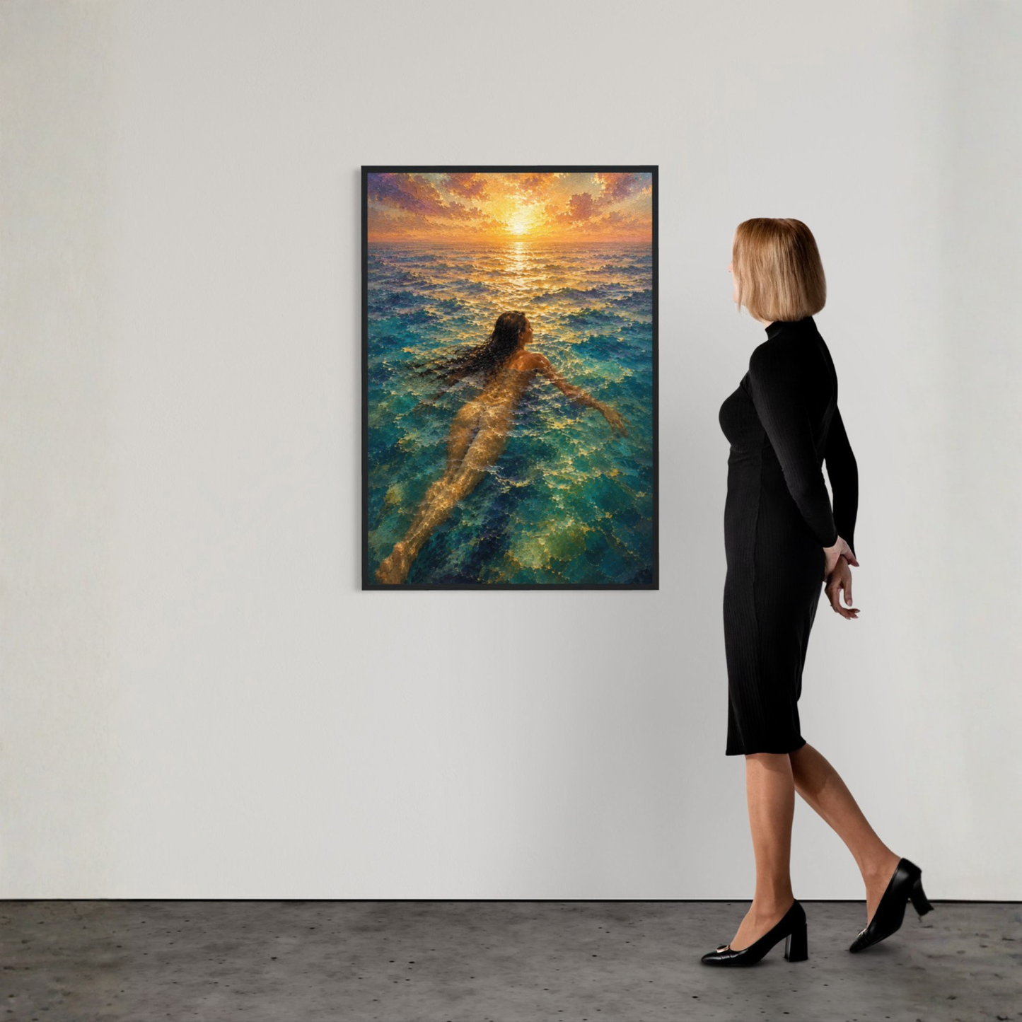 Mediterranean sea wall art showing a lone woman swimming through turquoise water beneath golden sunset light.
