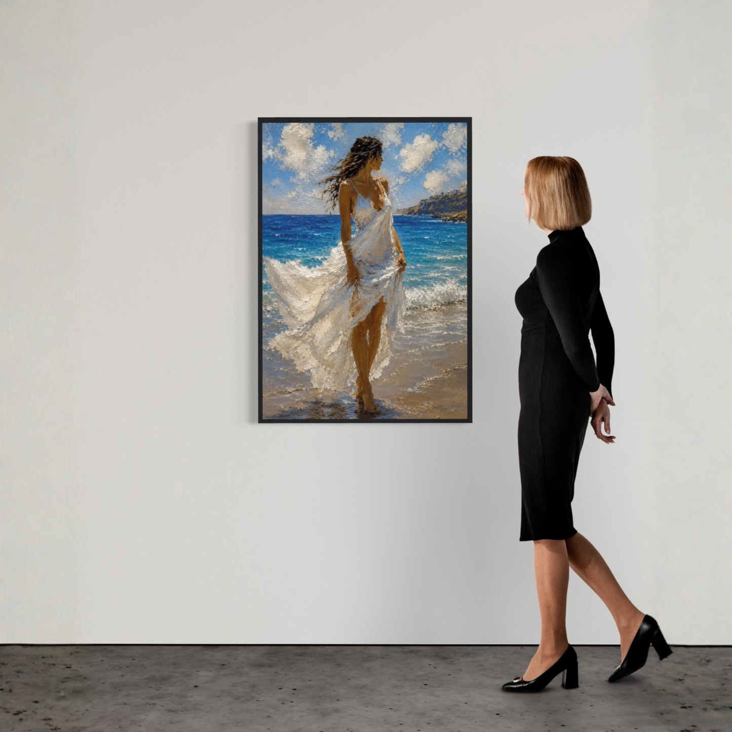 Mediterranean coastal wall art showing a woman in a white dress standing by the sea in bright wind and light.