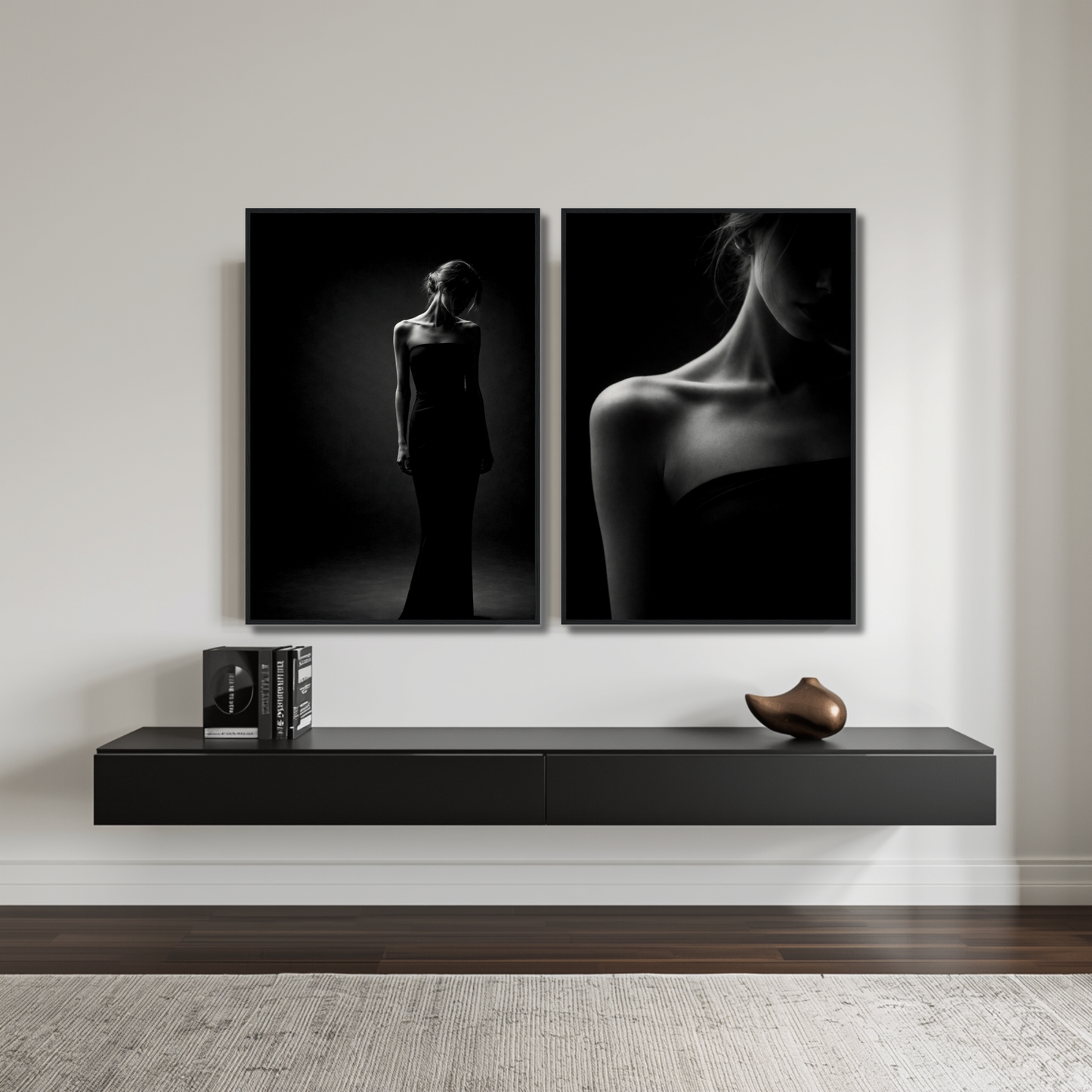 Framed art prints of Noir Studies Foundation Pair Muse I & II by LunarHeartCo, featuring elegant black and white abstract designs.