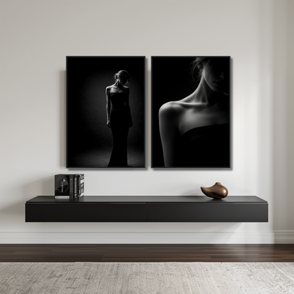 Framed art prints of Noir Studies Foundation Pair Muse I & II by LunarHeartCo, featuring elegant black and white abstract designs.