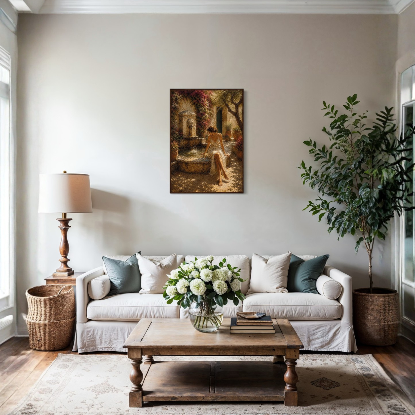 The Fountain Mediterranean framed art print displayed in a calm luxury interior.