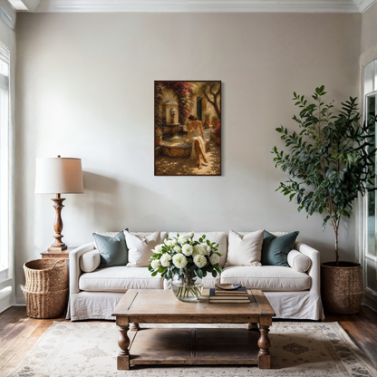 The Fountain Mediterranean framed art print displayed in a calm luxury interior.