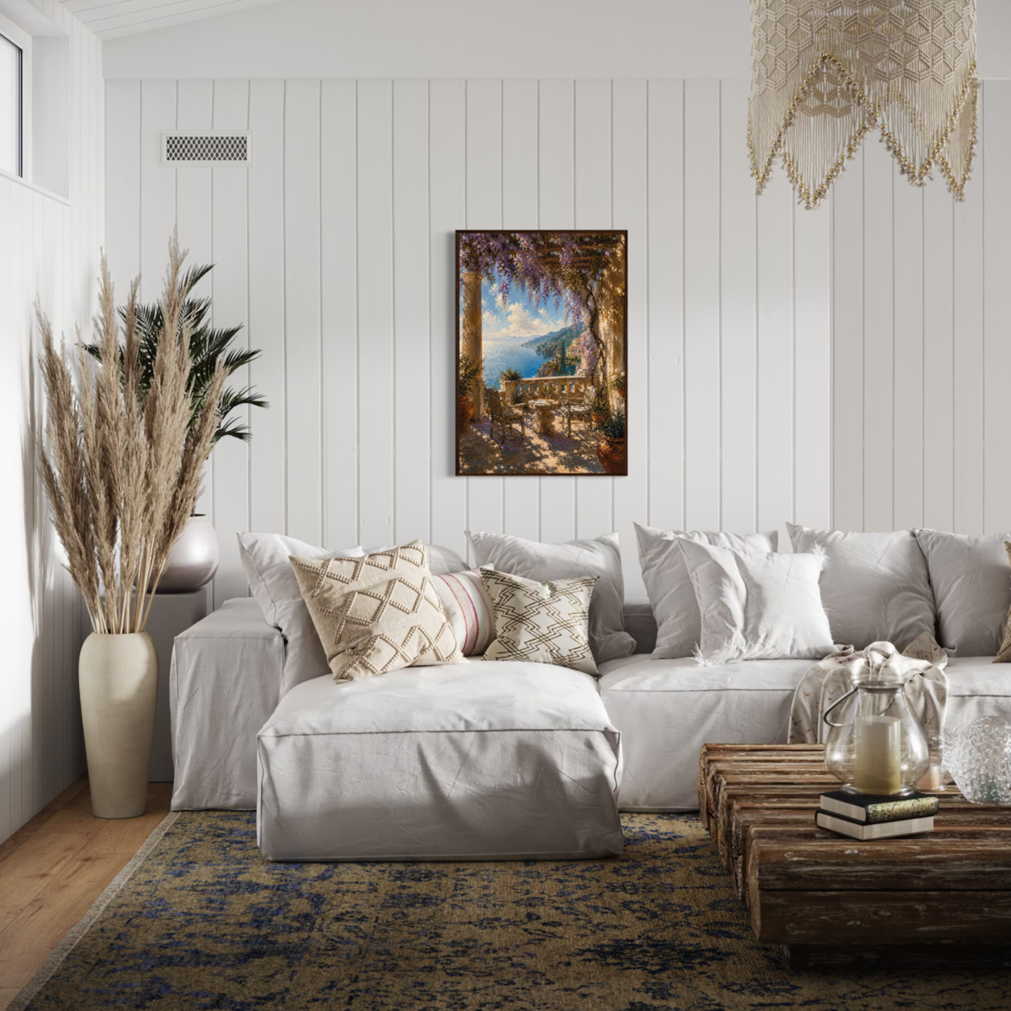 Framed wall art print titled "The Terrace" featuring Mediterranean scenery, by LunarHeartCo, displayed on a wall.