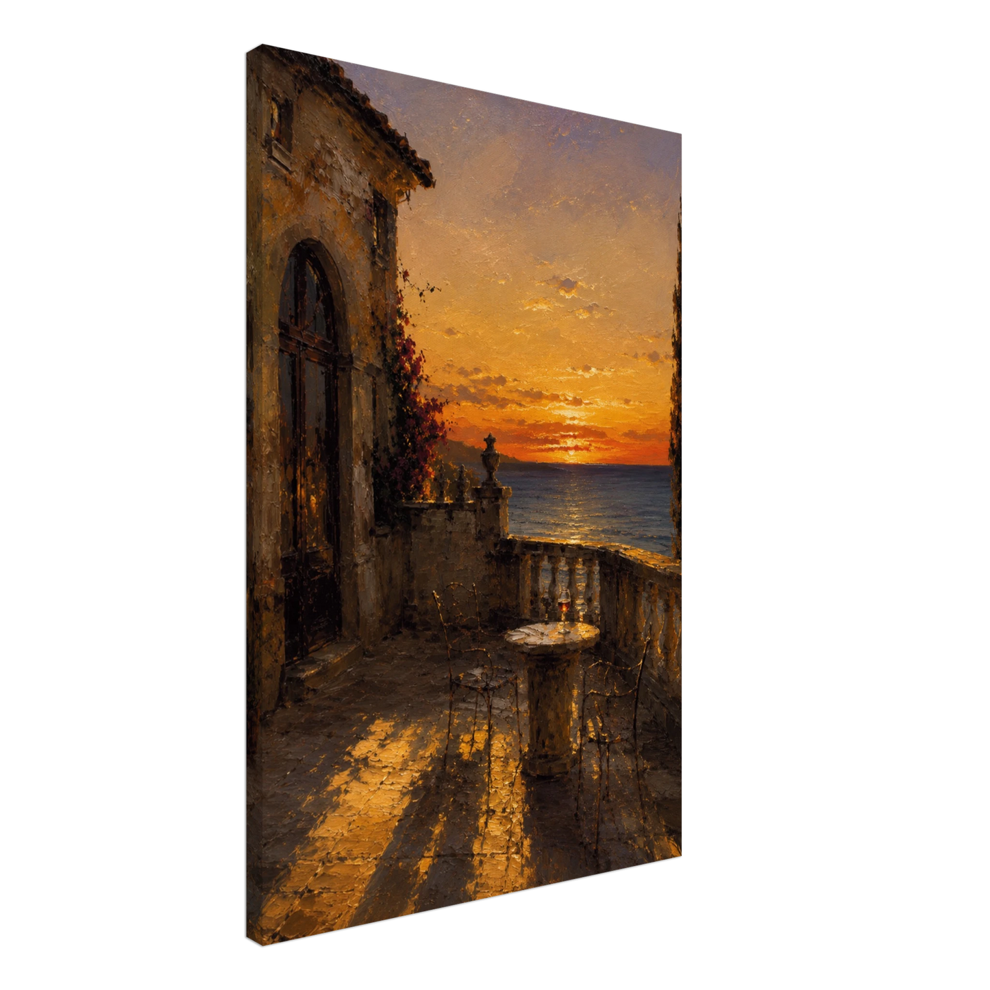 Gallery-wrapped canvas detail of The Hour with golden sunset light, stone terrace and artwork continuing around the edges.