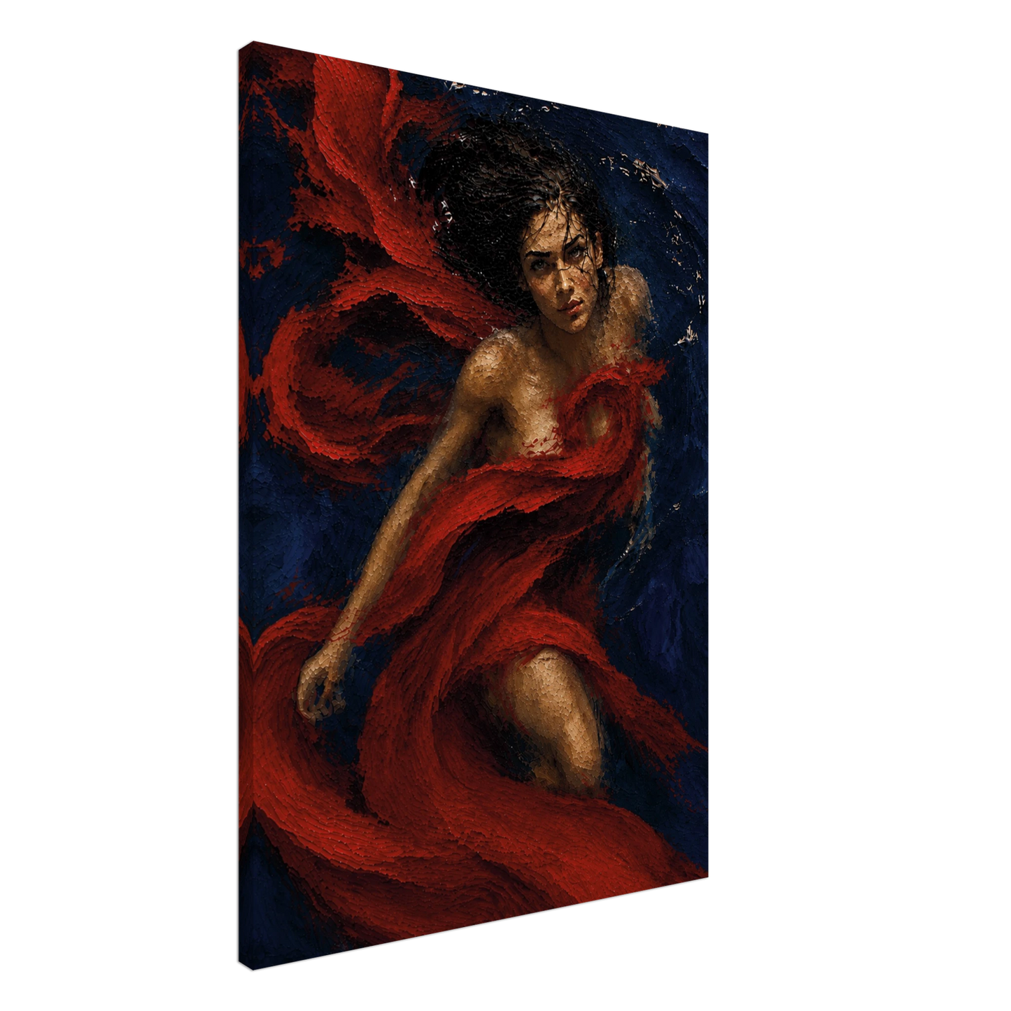 Side view of Crimson Undertow canvas showing the hand-stretched construction and wrapped artwork edge.