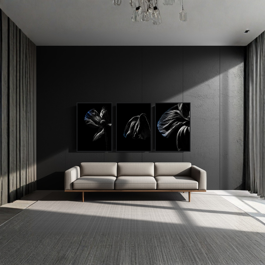 LunarHeartCo Descent Complete Series framed fine art set with three 50x70 cm prints, featuring detailed, artistic designs in black frames.