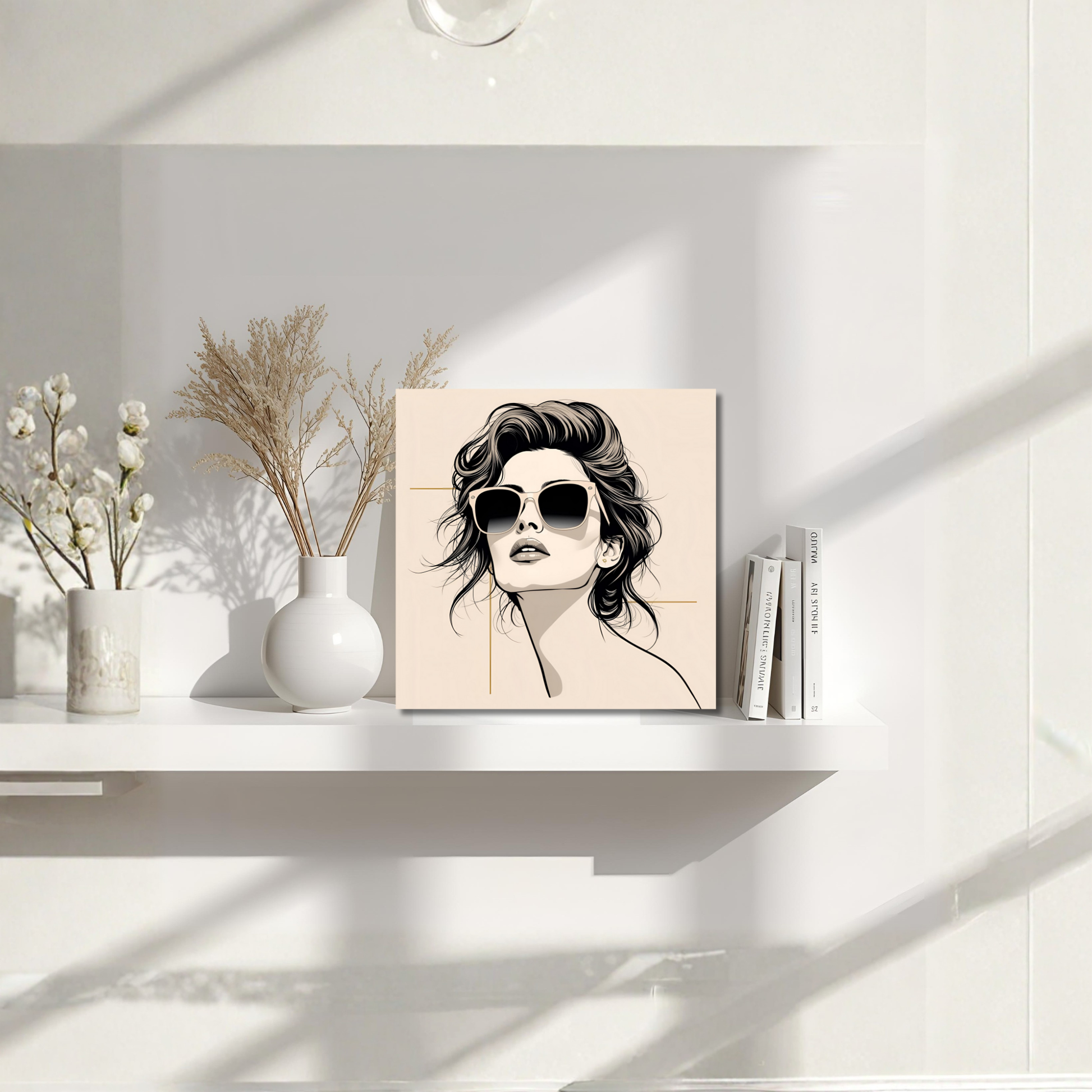 Minimalist Fashion Portrait – Sunglass Line-Art Woman 16×16 Canvas Print - LunarHeartCo