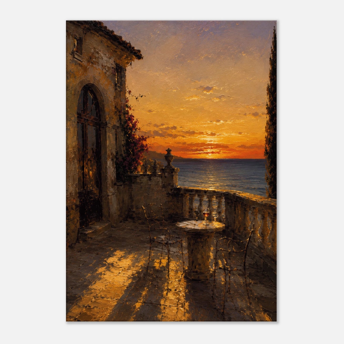 Close-up of painterly Mediterranean canvas art with warm terrace light, textured stone, sea horizon and long evening shadows.