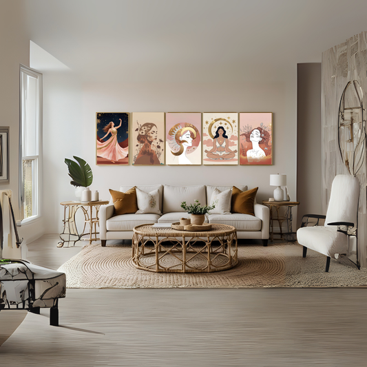 Celestial Boho Woman Wall Art Set (5 Prints) | Sun, Moon & Botanical Feminine Décor | Digital Download 🌙✨ - LunarHeartCo