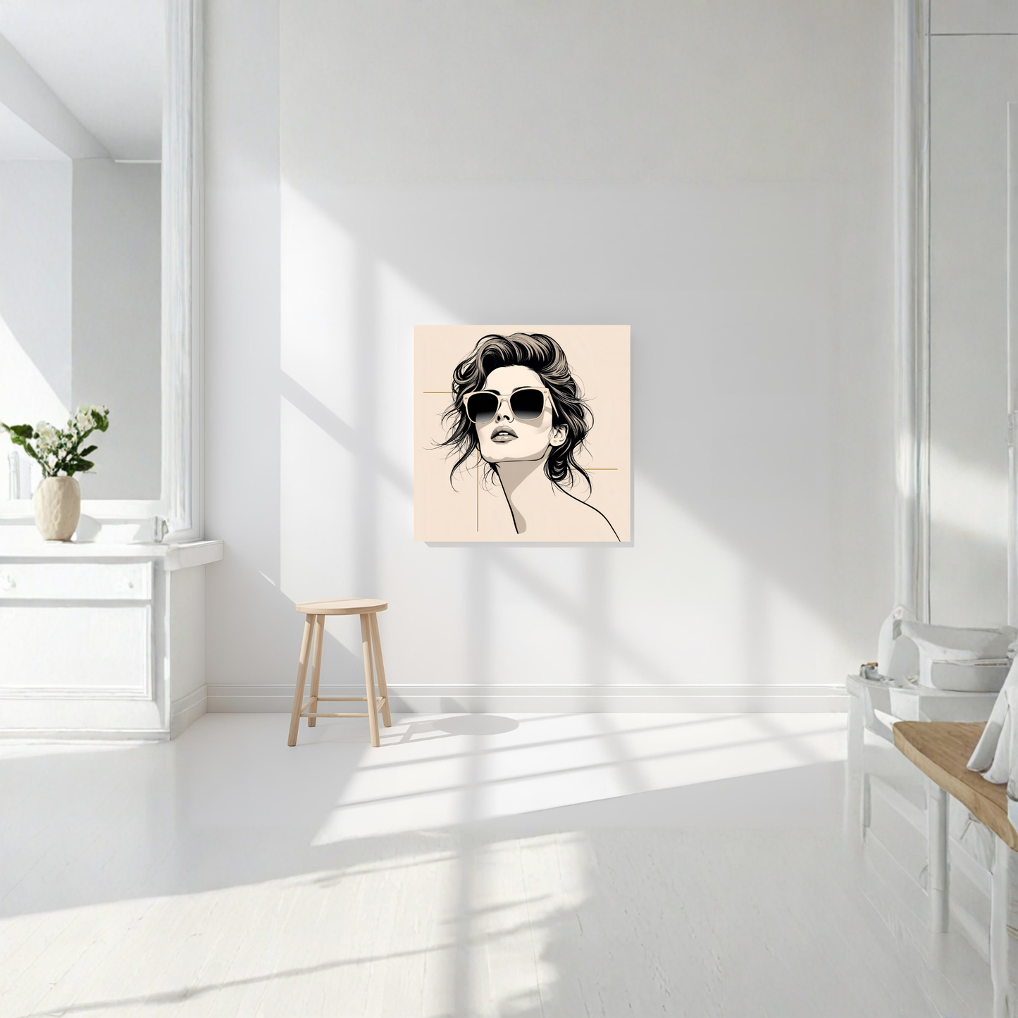 Minimalist Fashion Portrait – Sunglass Line-Art Woman 16×16 Canvas Print - LunarHeartCo