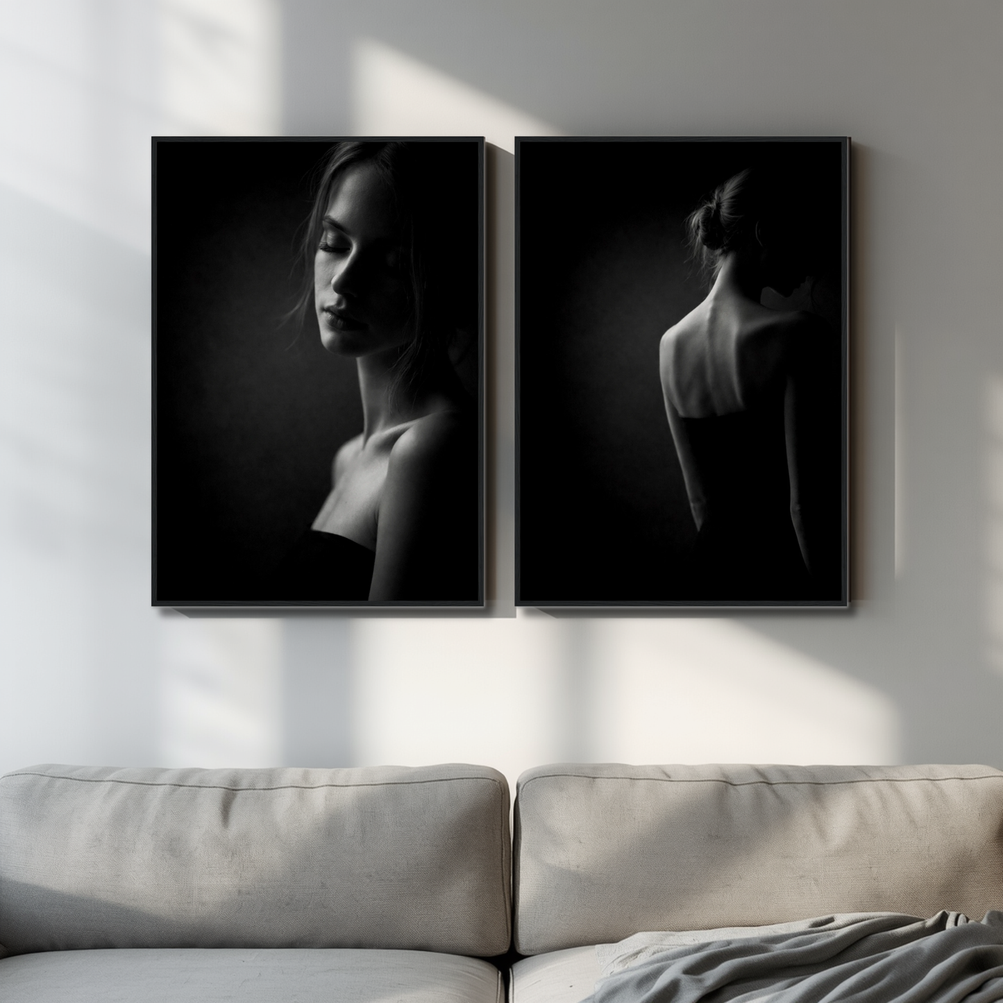 Framed art prints of Noir Studies Signature Pair Muse IV and V by LunarHeartCo, featuring black and white artistic portraits.