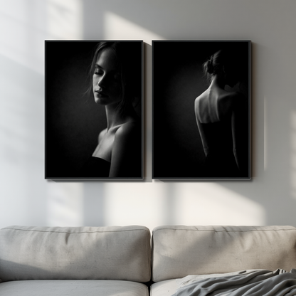 Framed art prints of Noir Studies Signature Pair Muse IV and V by LunarHeartCo, featuring black and white artistic portraits.
