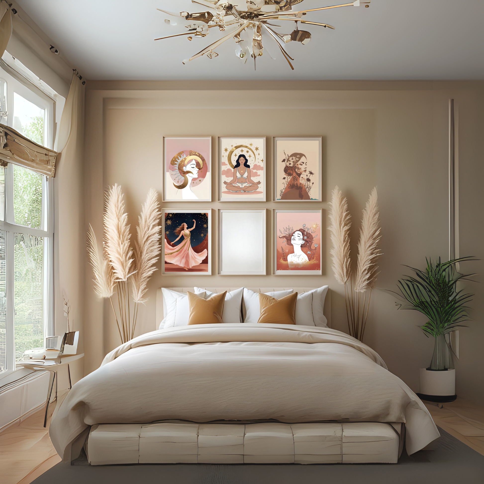 Celestial Boho Woman Wall Art Set (5 Prints) | Sun, Moon & Botanical Feminine Décor | Digital Download 🌙✨ - LunarHeartCo