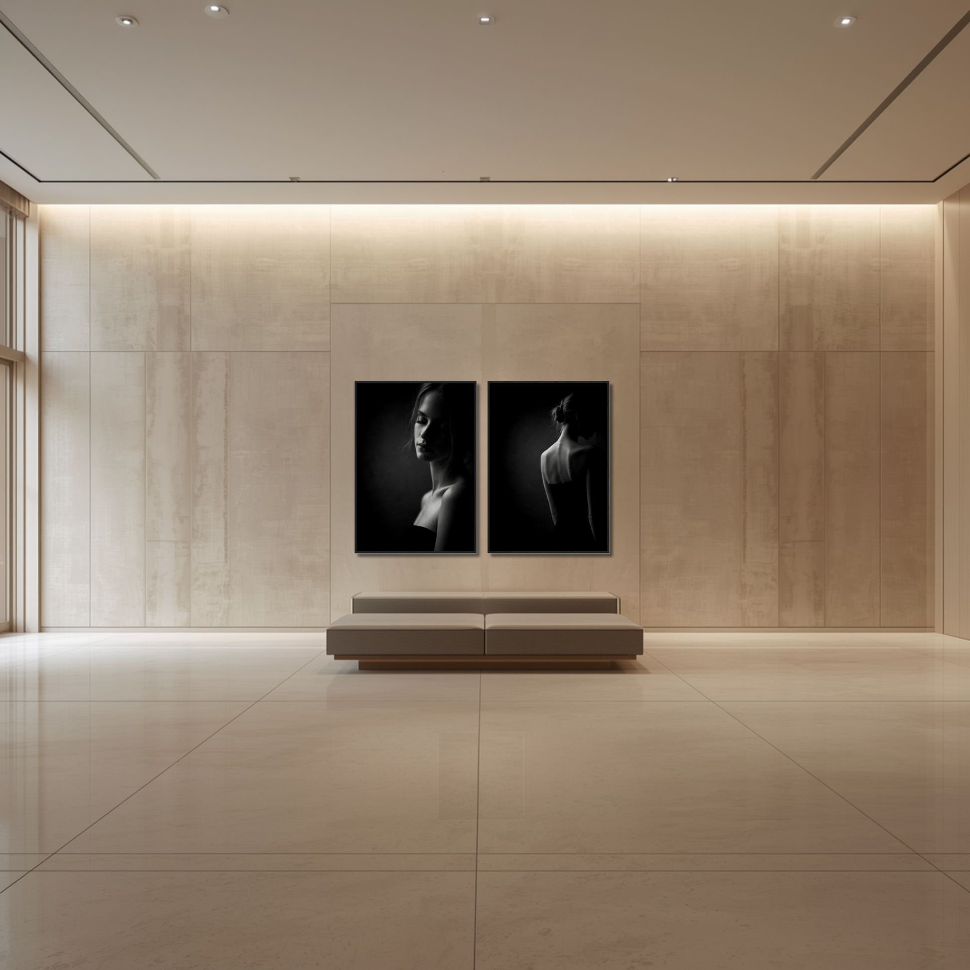 Framed fine art prints of Noir Studies by LunarHeartCo, featuring Muse IV and V with elegant black frames and detailed monochrome artwork.
