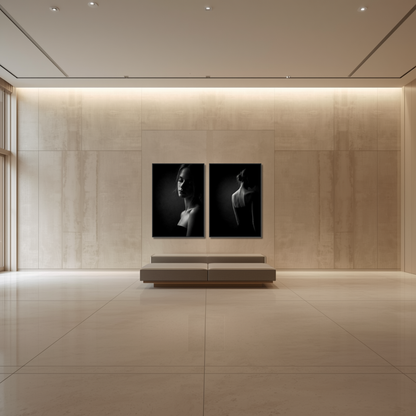 Framed fine art prints of Noir Studies by LunarHeartCo, featuring Muse IV and V with elegant black frames and detailed monochrome artwork.