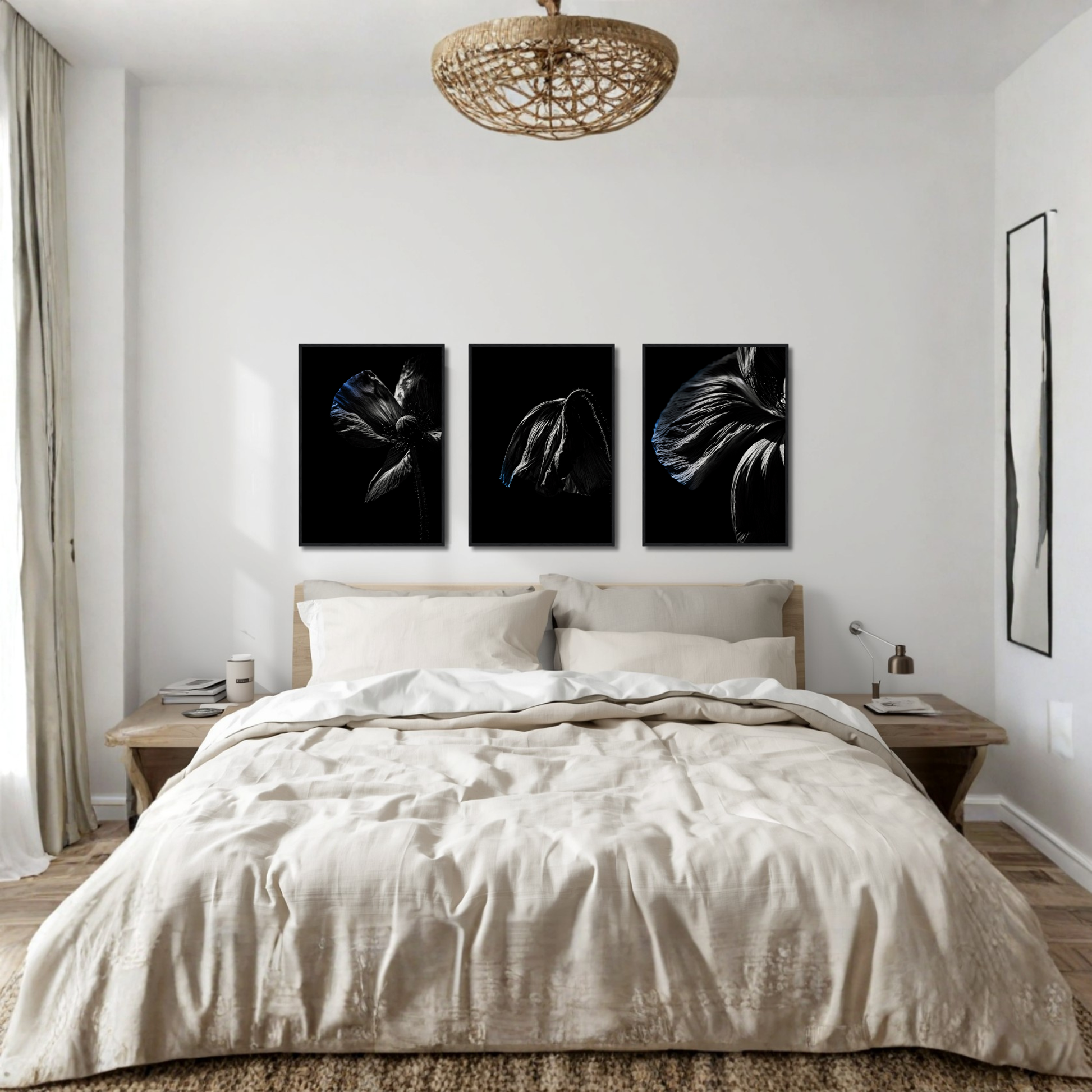 Framed art set of the DESCENT series by LunarHeartCo, featuring three 50×70 cm fine art prints with intricate designs.