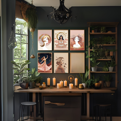 Celestial Boho Woman Wall Art Set (5 Prints) | Sun, Moon & Botanical Feminine Décor | Digital Download 🌙✨ - LunarHeartCo