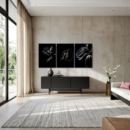 LunarHeartCo DESCENT complete series framed fine art set with three 50x70 cm framed prints featuring abstract design.