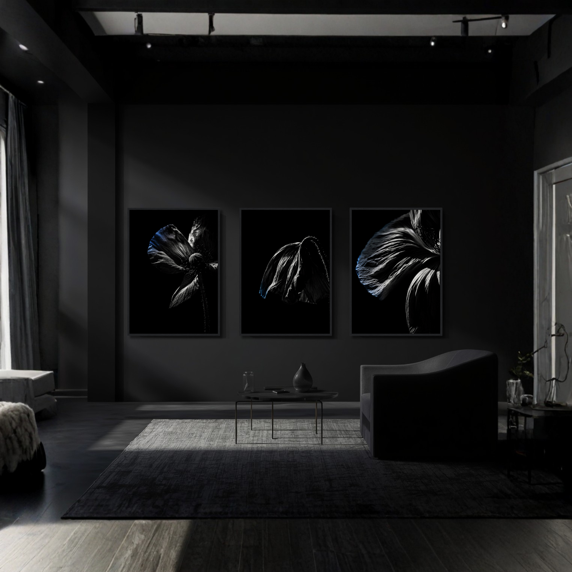 LunarHeartCo Descent complete series framed art set with three 50×70 cm artworks, featuring modern abstract designs.