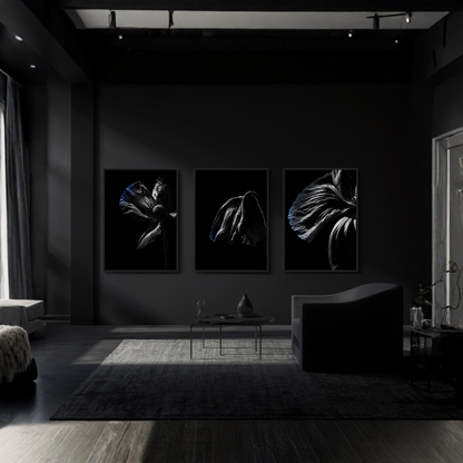 LunarHeartCo Descent complete series framed art set with three 50×70 cm artworks, featuring modern abstract designs.