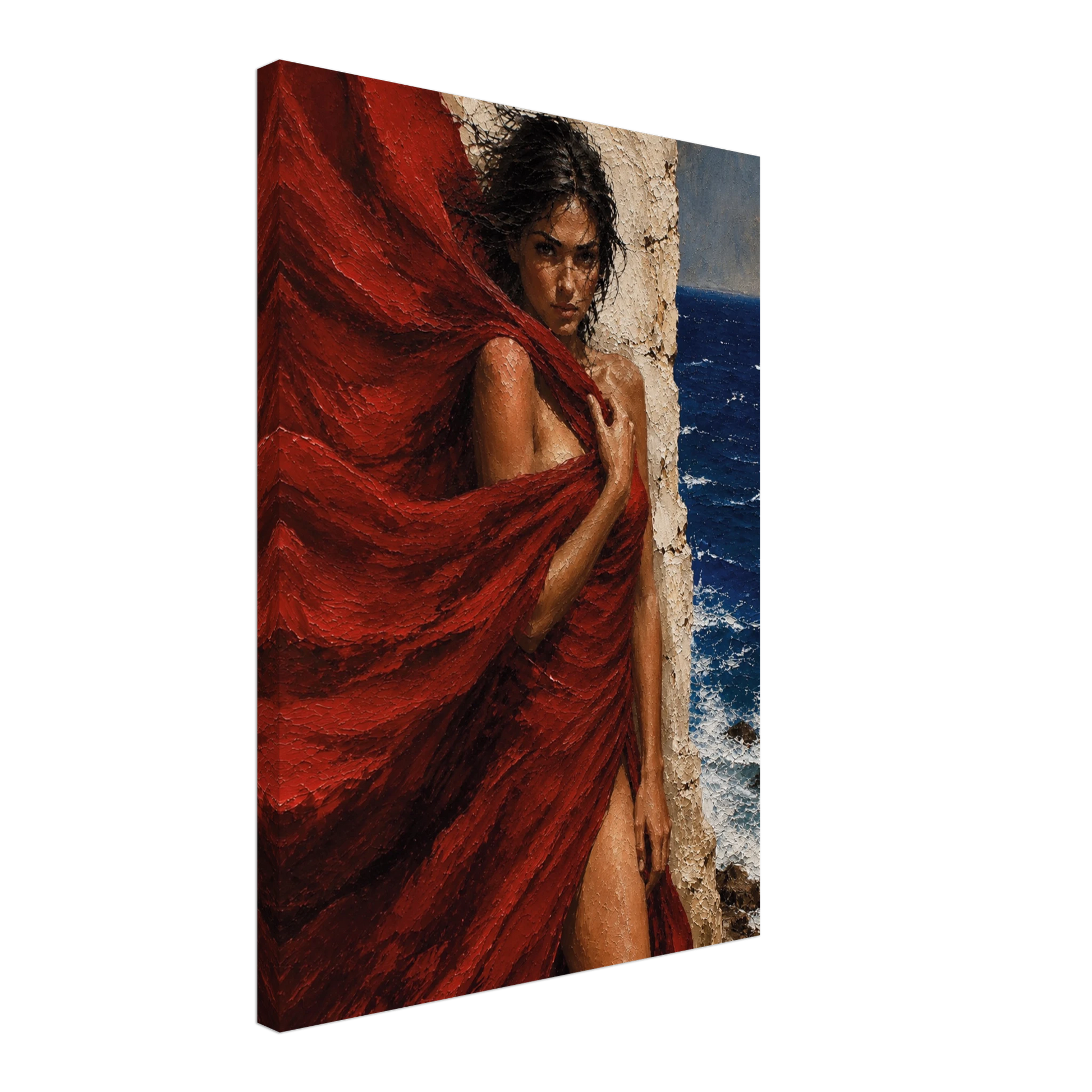 Side view of The Red Veil canvas showing the hand-stretched profile and wrapped artwork edges.