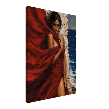 Side view of The Red Veil canvas showing the hand-stretched profile and wrapped artwork edges.