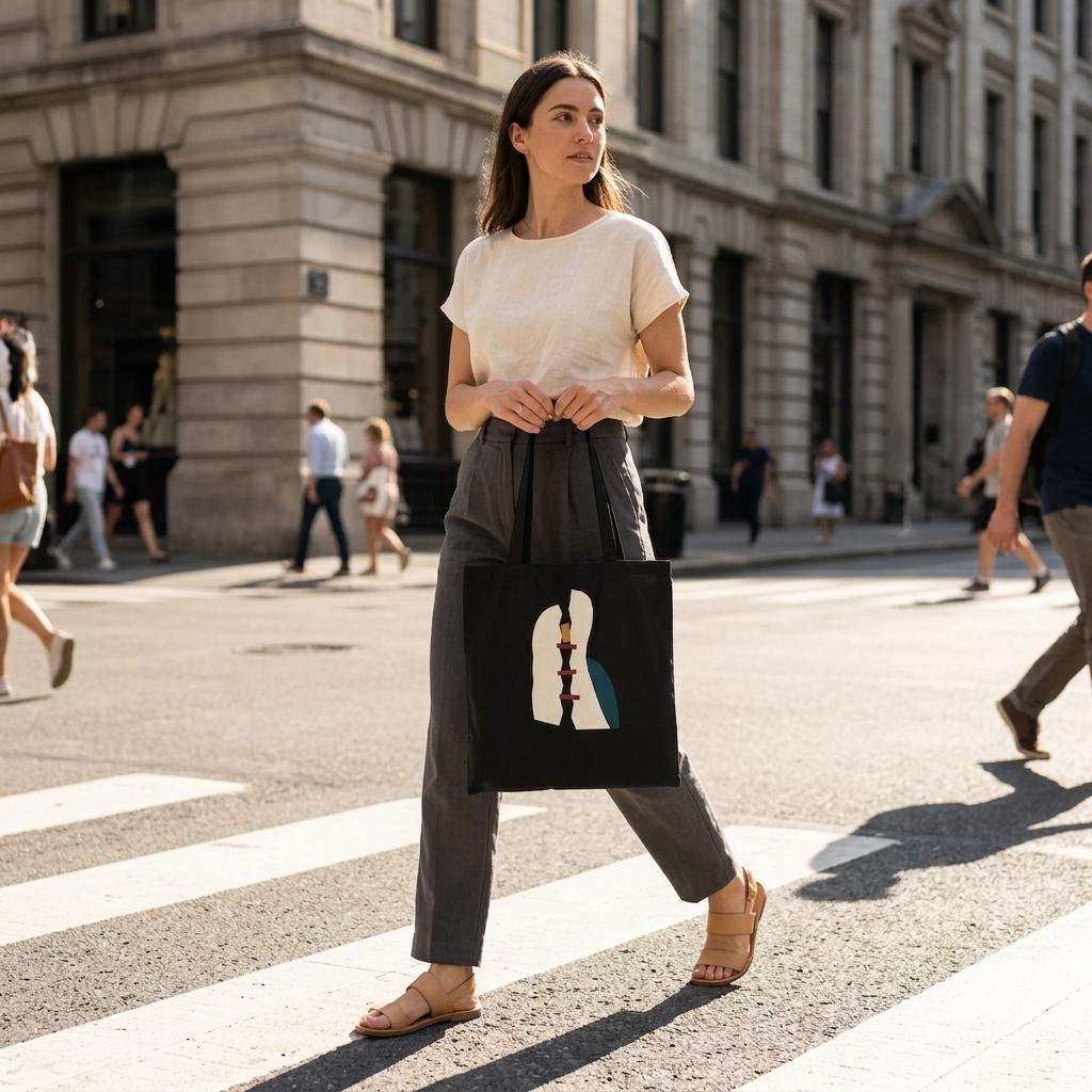 Woman carrying THE MENDING black cotton art tote while crossing a sunlit city street.
