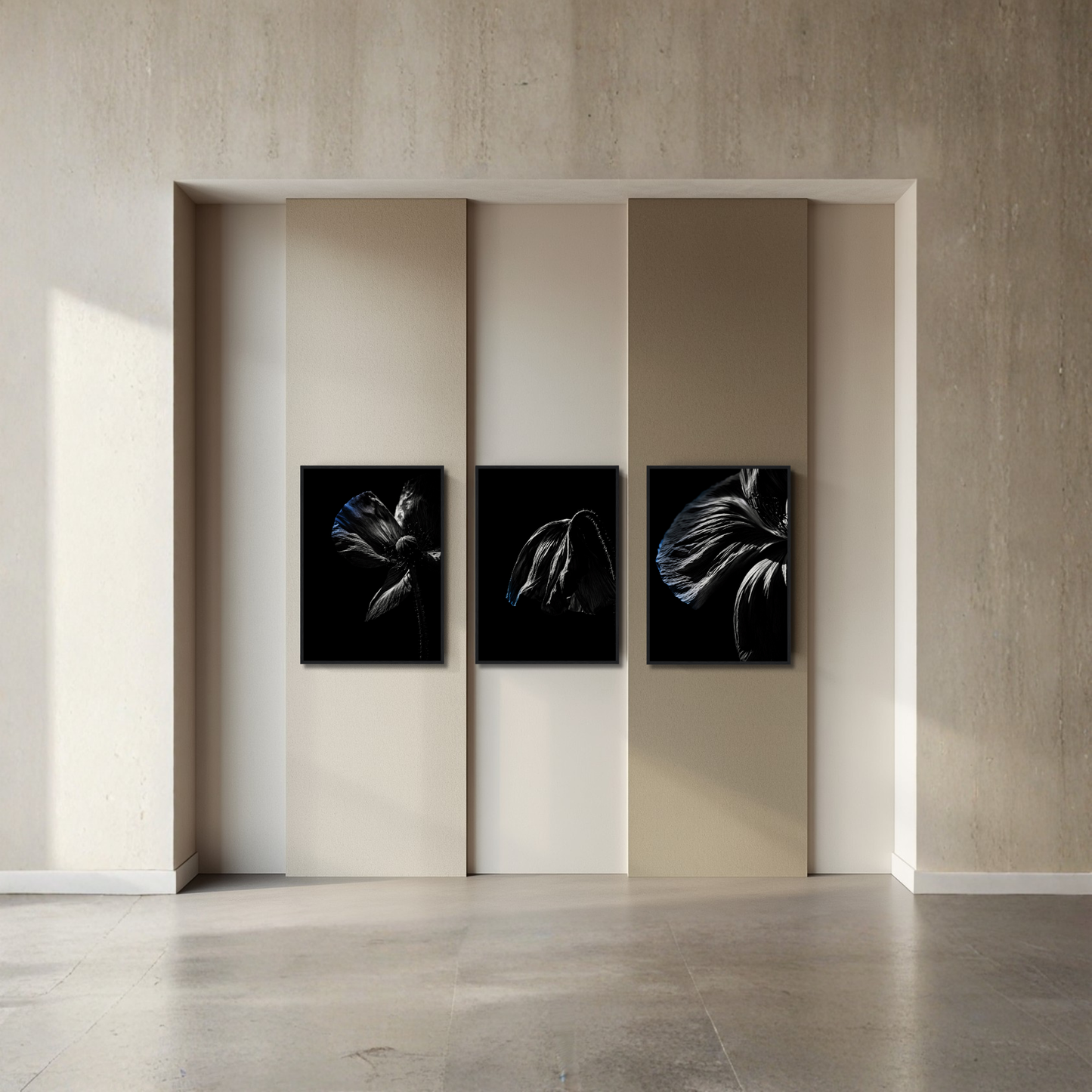 LunarHeartCo Descent complete series framed fine art set with three 50×70 cm prints, featuring abstract and atmospheric designs.