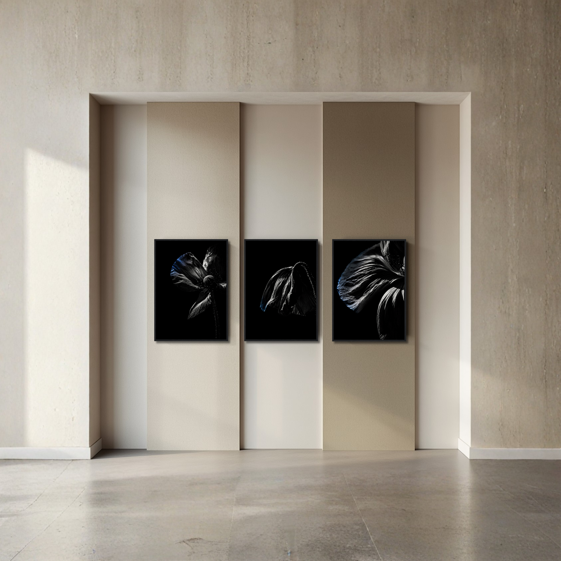 LunarHeartCo Descent complete series framed fine art set with three 50×70 cm prints, featuring abstract and atmospheric designs.