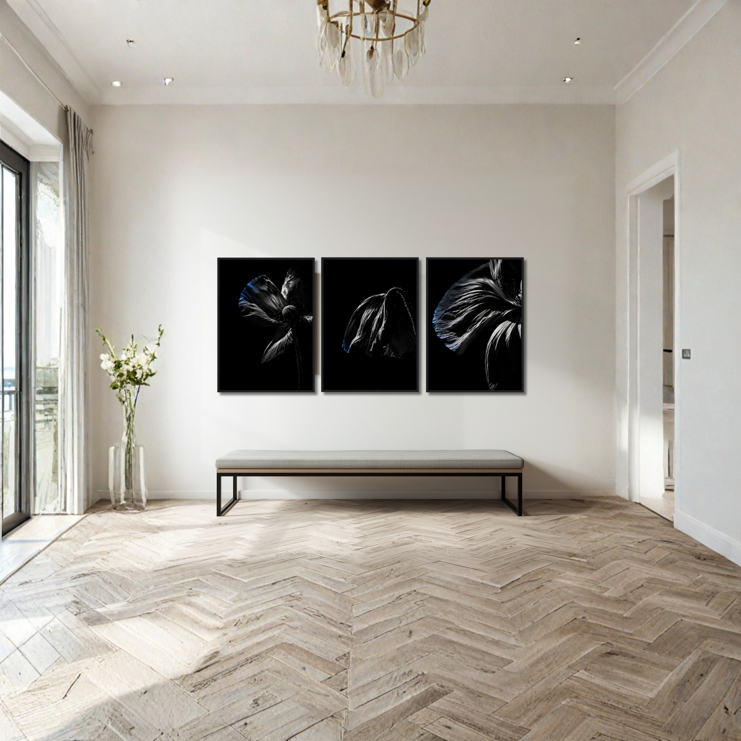 LunarHeartCo Descent complete series framed fine art set with three 50x70 cm art pieces, featuring detailed and vibrant designs.