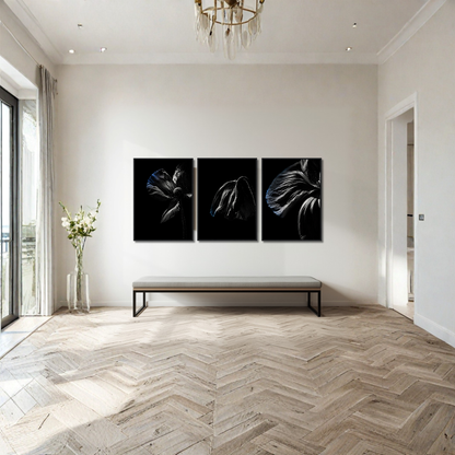 LunarHeartCo Descent complete series framed fine art set with three 50x70 cm art pieces, featuring detailed and vibrant designs.