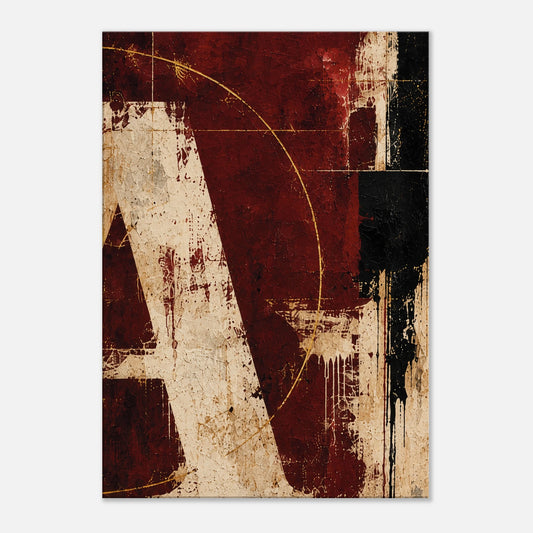 Faultline burgundy abstract canvas art with weathered ivory forms, black structural marks and a fine gold line.