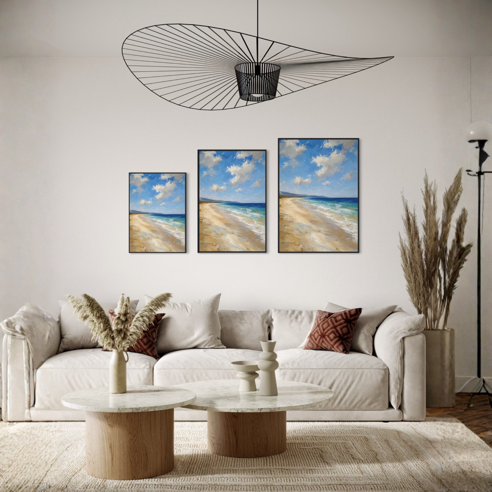 The Blue Distance Mediterranean framed art print displayed in a calm luxury coastal interior.