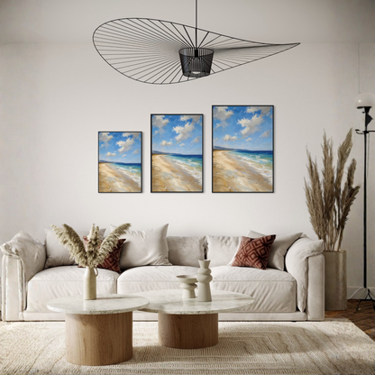 The Blue Distance Mediterranean framed art print displayed in a calm luxury coastal interior.
